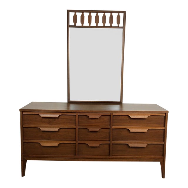 Mid Century Modern Lowboy Dresser With 9 Drawers & Mounted Mirror by Johnson Carper For Sale