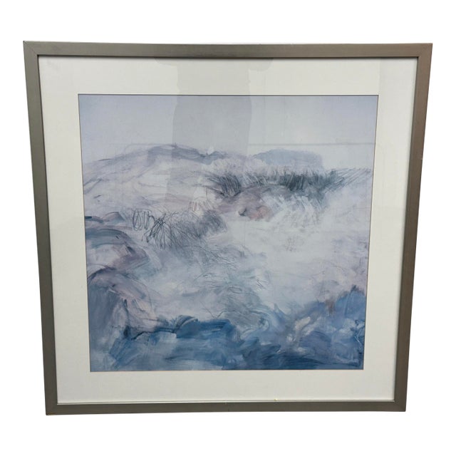 Contemporary Blue + White Brush Strokes Print, Framed For Sale