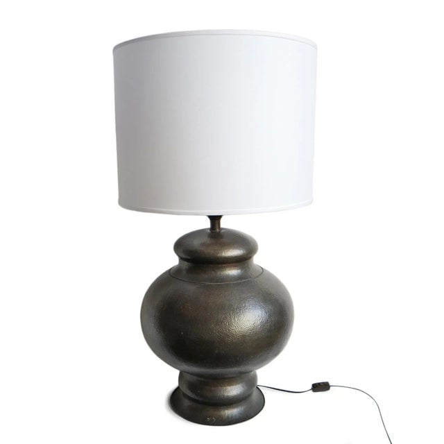 Beautiful large hand hammered vintage Moroccan bronze table lamp with white cloth shape and hand switch. 100 watt max...