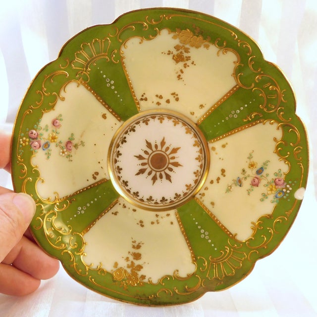 1930s 1930s Dresden Covered Two Handle Dessert Cup and Underplate With Raised Gold Trim For Sale - Image 5 of 18