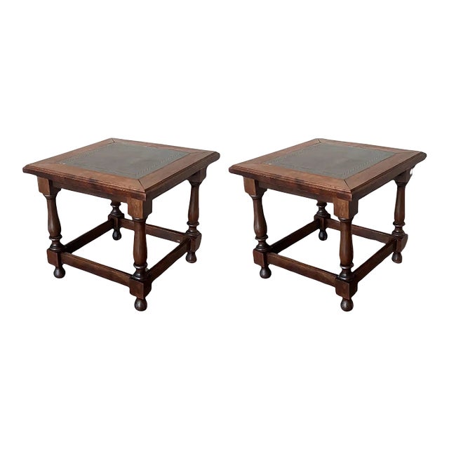 Pair of Spanish Walnut Side or Coffee Tables With Leather Top For Sale