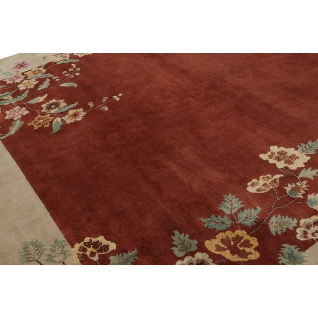 Rug & Kilim Rug & Kilim’s Chinese Art Deco Style Rug in Red & Cream With Floral Pattern For Sale - Image 4 of 7