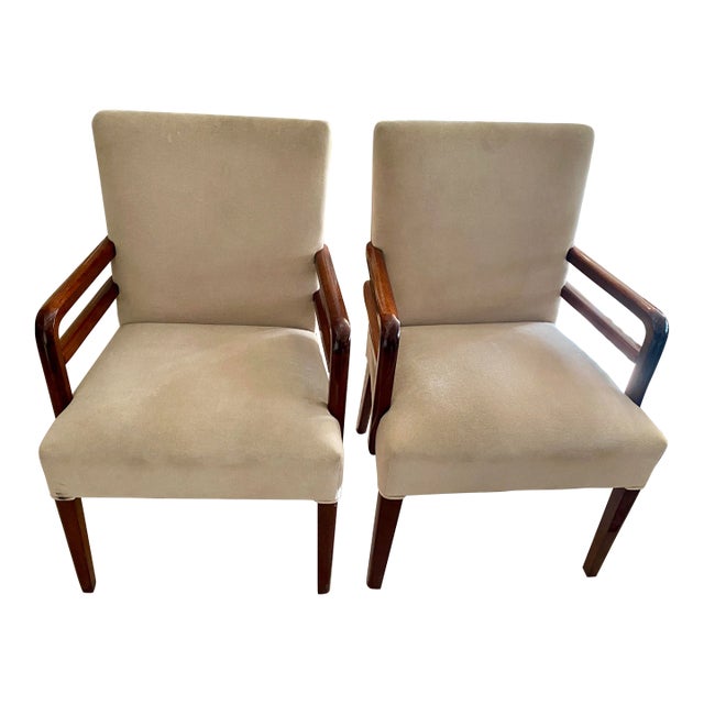1940s Pair of Art Deco Mahogany Upholstered Chairs With Mahogany Wood Double Arms For Sale