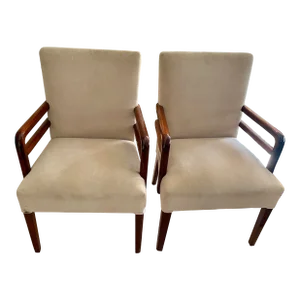 1940s Pair of Art Deco Mahogany Upholstered Chairs With Mahogany Wood Double Arms
