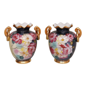 French Style Hand Painted Floral Vases - A Pair