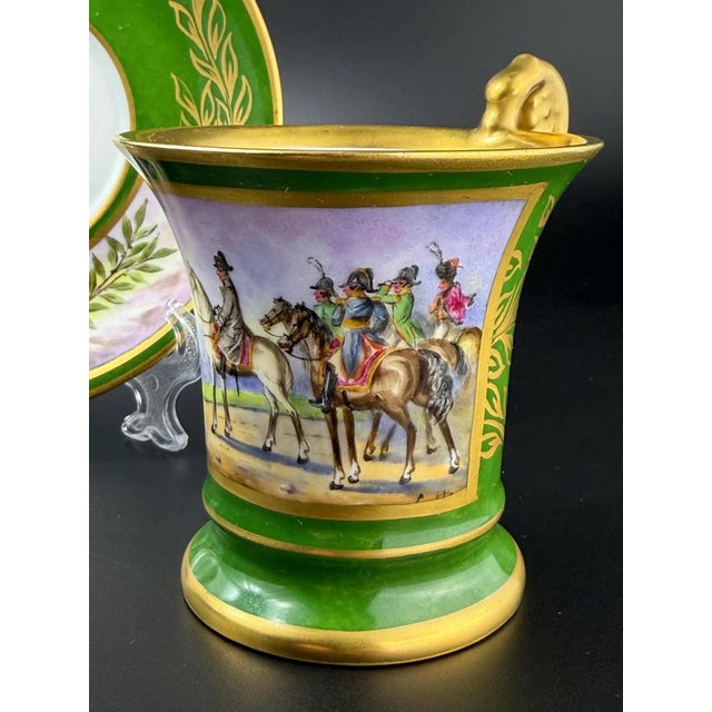 Forest Green Antique French Hand-Painted Porcelain Cup and Saucer from Befos, 1800s, Set of 2 For Sale - Image 8 of 11