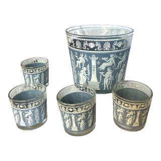 Vintage Jeannette Glass “Corinthian Blue” Neoclassical Cocktail Set – Ice Bucket & Glasses For Sale