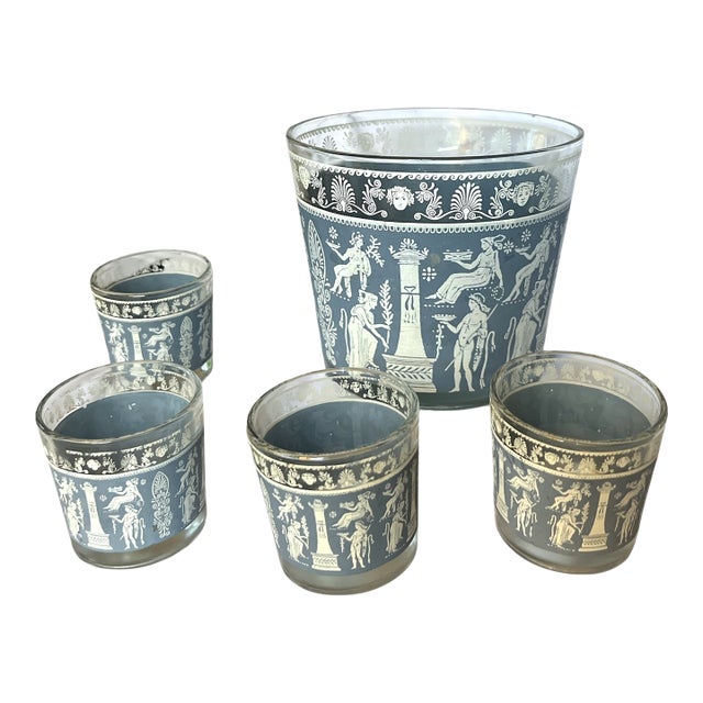 Vintage Jeannette Glass “Corinthian Blue” Neoclassical Cocktail Set – Ice Bucket & Glasses For Sale
