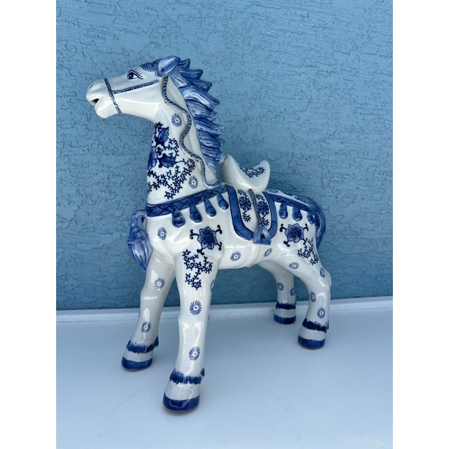 Vintage Blue & White Ceramic Tang Dynasty War Horse For Sale - Image 10 of 12