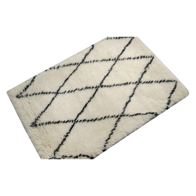 Traditional Rug & Kilim’s Moroccan Rug With Ivory Field & Black Geometric Pattern For Sale - Image 3 of 6