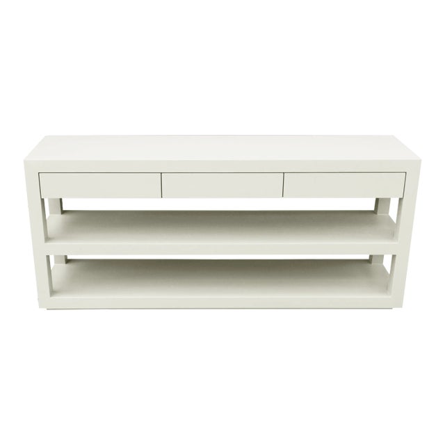 Custom-Made Double-Layer Linen Raffia Wrapped Console Table With Storage Drawers. The Paint Name Is (Cloud White) For Sale