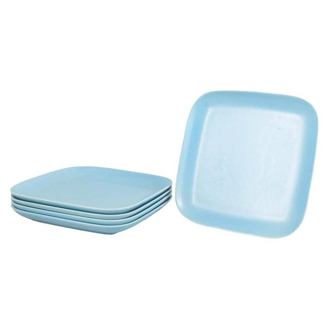 Höganäs Keramik, set of five dinner plates in turquoise glaze. Square dinner plates in stoneware with rounded corners and...