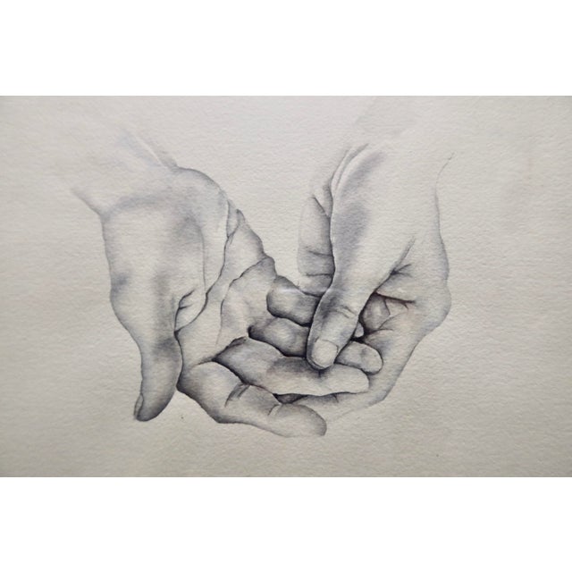 A tender, intimately rendered original watercolor study of two clasped hands, painted in a soft monochrome grisaille...