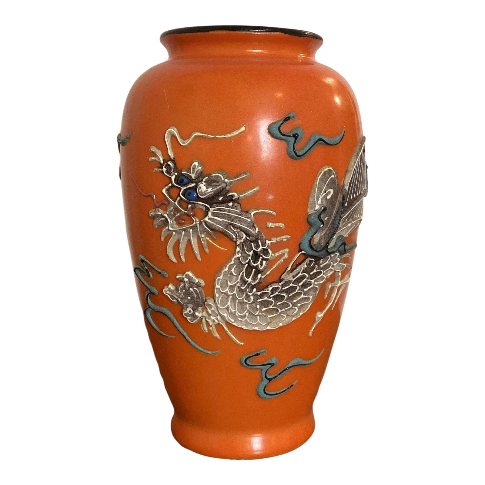 1920s 30s Japanese Porcelain Orange Moriage Dragon Vase Dragonware