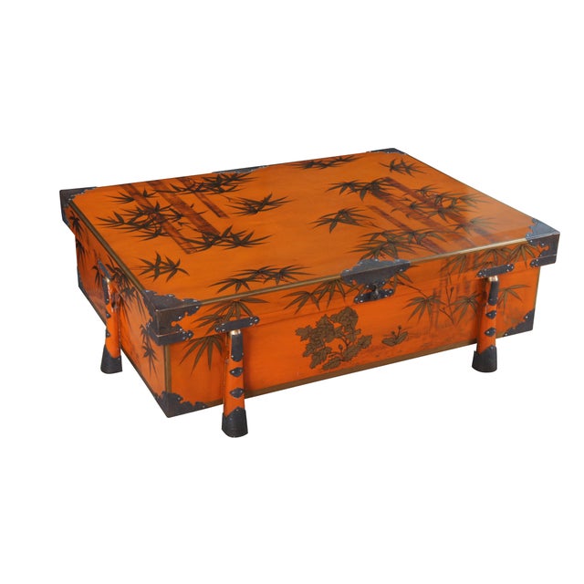 Japanese 1980s Maitland Smith Japanese Meiji Style Red Lacquered Bamboo Motif Coffee Table 48" For Sale - Image 3 of 14