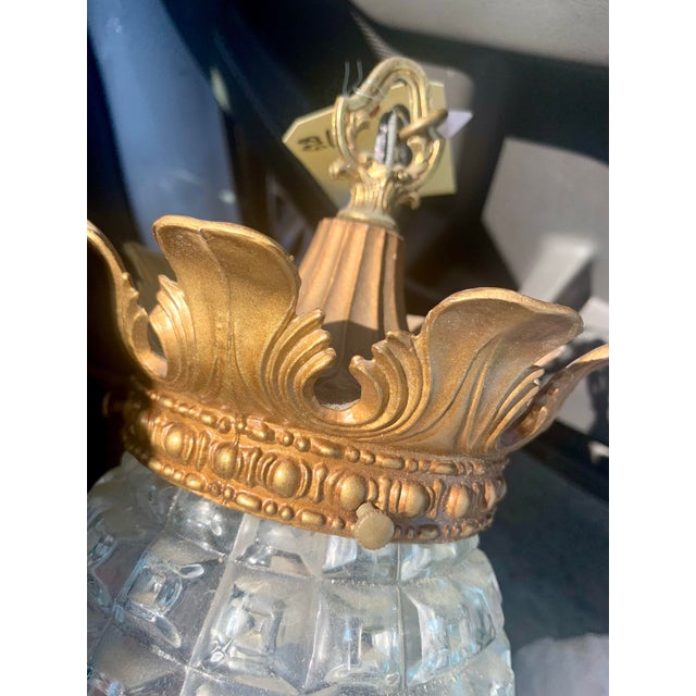 1950s Pair of Hollywood Regency Gilt Metal & Prismatic Glass Pendant Light Pinneapple Form For Sale In Los Angeles - Image 6 of 9