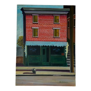 1980’s j.d. Fotopoulos “West End Cafe” Urban Streetscape Oil on Canvas – Unframed For Sale