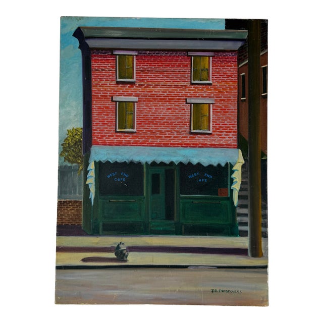 1980’s j.d. Fotopoulos “West End Cafe” Urban Streetscape Oil on Canvas – Unframed For Sale
