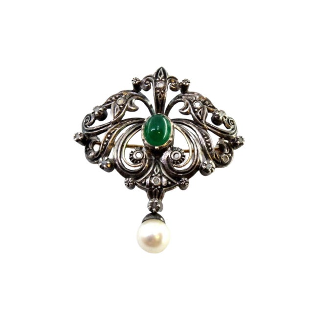 Gold and Silver Brooch with Diamond Chips, Faux Pearl and Central Synthetic Cabochon For Sale - Image 9 of 9