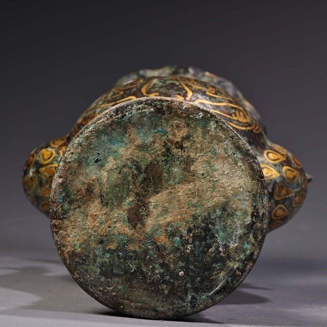 Asian Bronze Vase With Gold Inlay & Phoenix Handles - Archaic Style Hu Vessel For Sale - Image 3 of 10