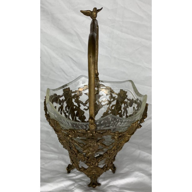 Vintage Brass Filigree and Cut Glass Basket Vase. For Sale - Image 4 of 12