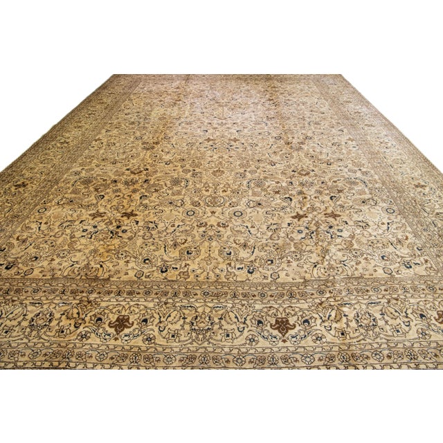Persian 1900s Oversize Antique Tabriz Beige & Brown Handmade Floral Persian Wool Rug For Sale - Image 3 of 8