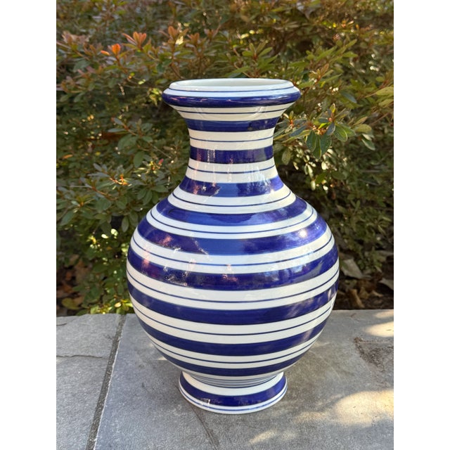 Contemporary Large Contemporary Blue and White Striped Porcelain Vase For Sale - Image 3 of 8