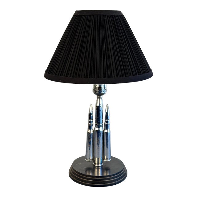 Vintage Rifle Shell Lamp With Black Pleated Shade For Sale