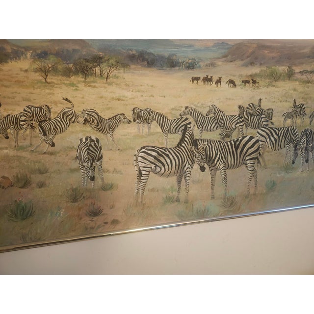 Realism Late 20th Century Huge (9 Feet by 3 Feet) African Savannah Painting Featuring Zebra, Cheetah Lion. Wildebeest For Sale - Image 3 of 5