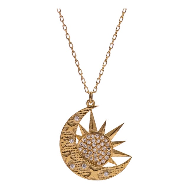 Celestial Sun & Moon Diamond Gold Necklace For Sale