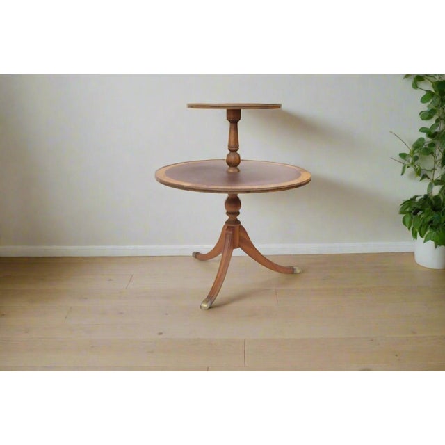Wood Vintage Mahogany Round Tiered Occasional Table | Leather Top For Sale - Image 7 of 7