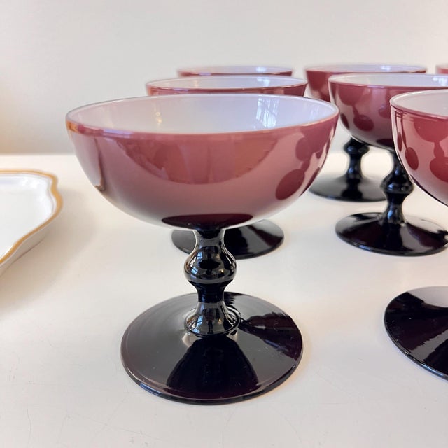 1960s 9 Carlo Moretti Amethyst cased glass coupe glasses // eggplant or raisin colored blown glass // purple and white colored glass stemware For Sale - Image 10 of 13