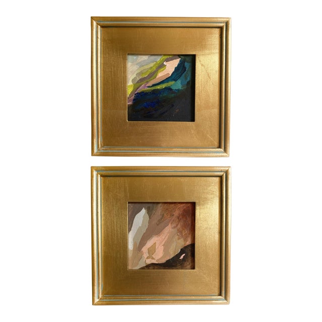 "Water and Fire" Pair of Framed Mini Paintings by Jessalin Beutler For Sale