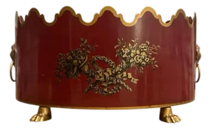 Vintage Large Italian Tole Gilt & Cranberry / Burgundy Red Monteith Cache Pot / Jardinere / Planter With Lion Head Rings and Paw Feet