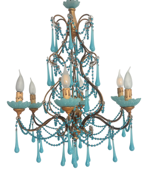 Antique Gilded Metal and Murano Glass Drop Chandelier, 1910