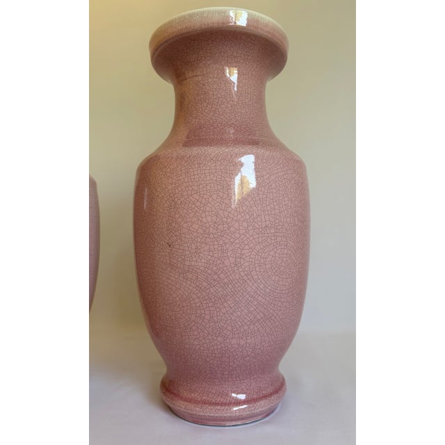 Blush Pink Crackle-Glaze Ceramic Vases - Pair For Sale - Image 4 of 8