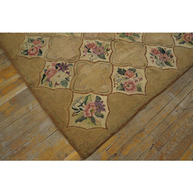 American 1960s Tan Camel Floral Folk Art Vintage American Hooked Rug 5'3" X 6'7" Handknotted Wool Carpet For Sale - Image 3 of 6