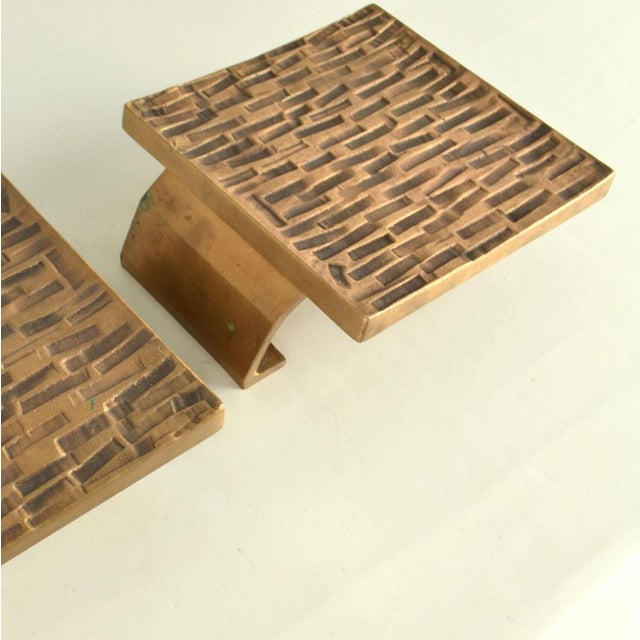 Brutalist Brutalist Bronze Square Push Pull Door Handles with Embossed Relief, 1970s, Set of 2 For Sale - Image 3 of 14