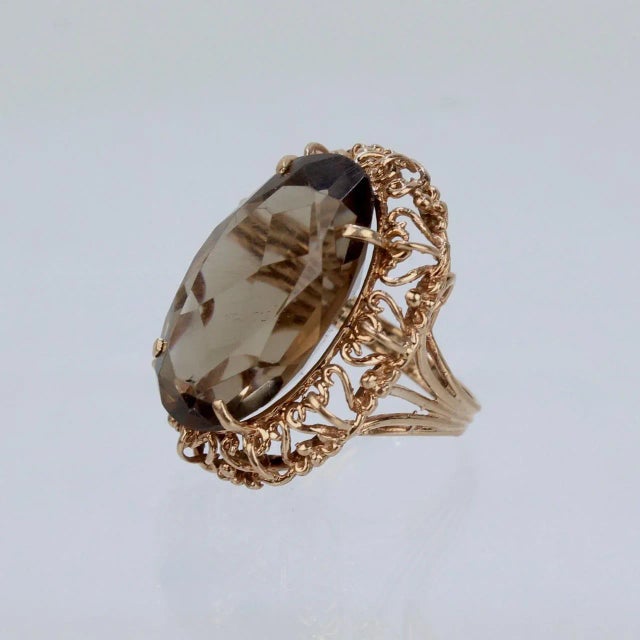 Metal Vintage Mid-Century Filigree Faceted Oval Citrine 14k Gold Cocktail Ring Size 6.75 For Sale - Image 7 of 12