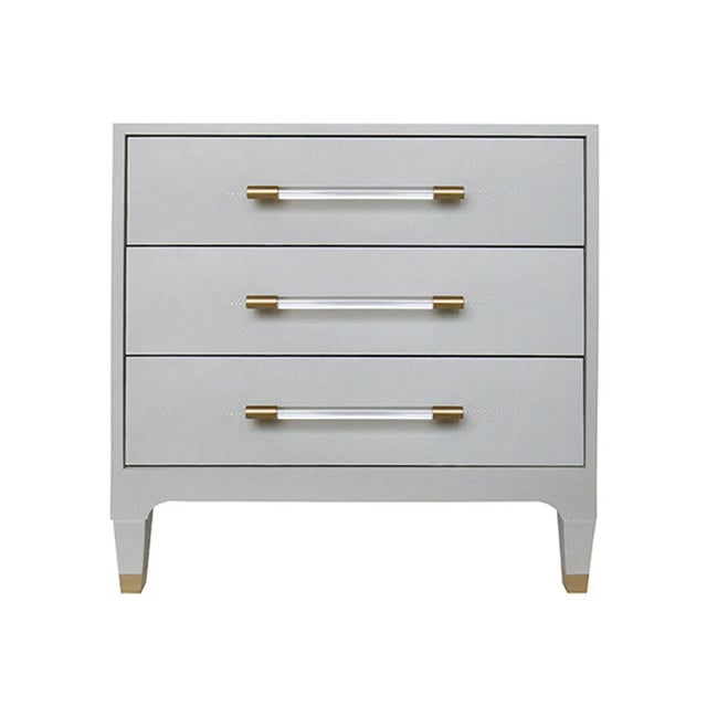 Animal Skin Matthew Izzo Home Amber Light Gray Shagreen Three Drawer Side Table With Acrylic and Antique Brass Drawer Pulls For Sale - Image 7 of 7