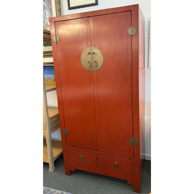 Chinese Red Lacquer Armoire With Brass Hardware For Sale - Image 11 of 12