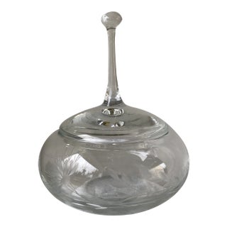 Signed Cone Flower Etched Clear Crystal Covered Candy Dish by Fitzgerald For Sale