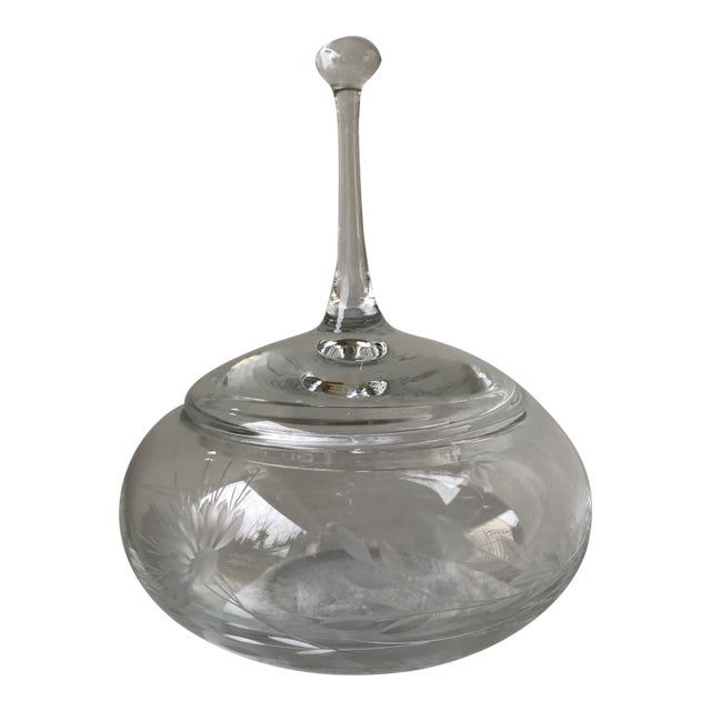 Signed Cone Flower Etched Clear Crystal Covered Candy Dish by Fitzgerald For Sale