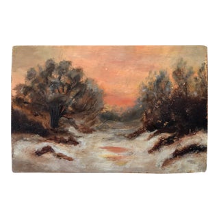 Vintage Impressionist Snowy Daybreak / Sunset Landscape on Board, Circa Mid 20th Century For Sale