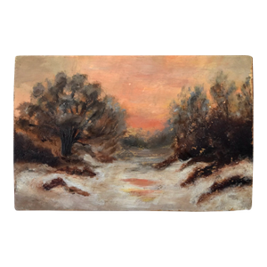 Vintage Impressionist Snowy Daybreak / Sunset Landscape on Board, Circa Mid 20th Century