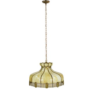 Vintage Tan Slag Stained Glass Pendant Light With Brass Accents For Sale