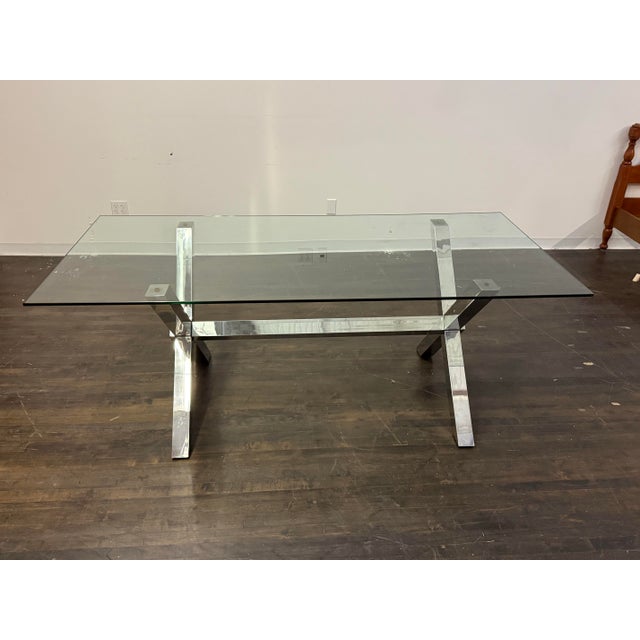 Silver Chrome X-Base Dining Table With Tempered Glass Top For Sale - Image 8 of 12