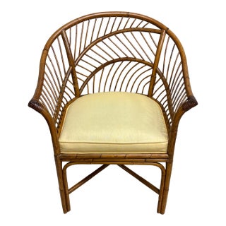 1970’s Boho-Style Fan Shapes Barrel Hand Woven Rattan and Bamboo Chair For Sale