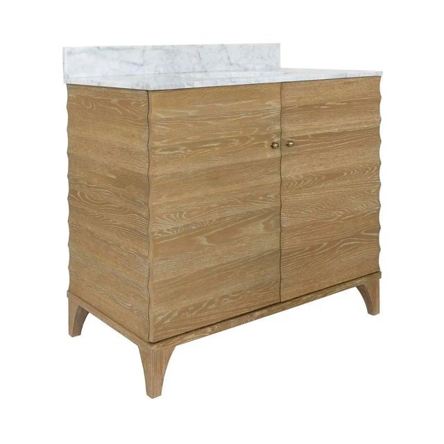 Mid-Century Modern Matthew Izzo Home Rhodes Fluted Cerused Oak, Two Door, Single Sink Bathroom Vanity - Carrara Marble Top, Porcelain Sink, Brass Hardware For Sale - Image 3 of 10