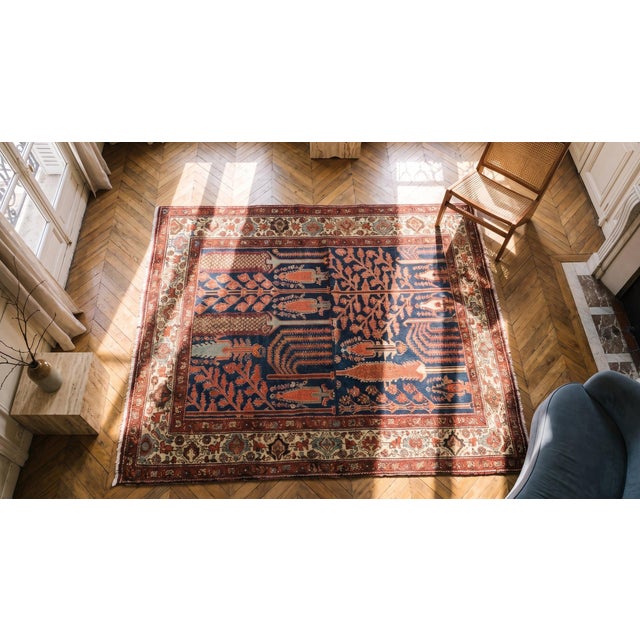 1900s Blue Navy Rustic Cypress Trees Antique Persian Bakhtiari Rug 4' X 5' Handknotted Wool Carpet For Sale - Image 9 of 9